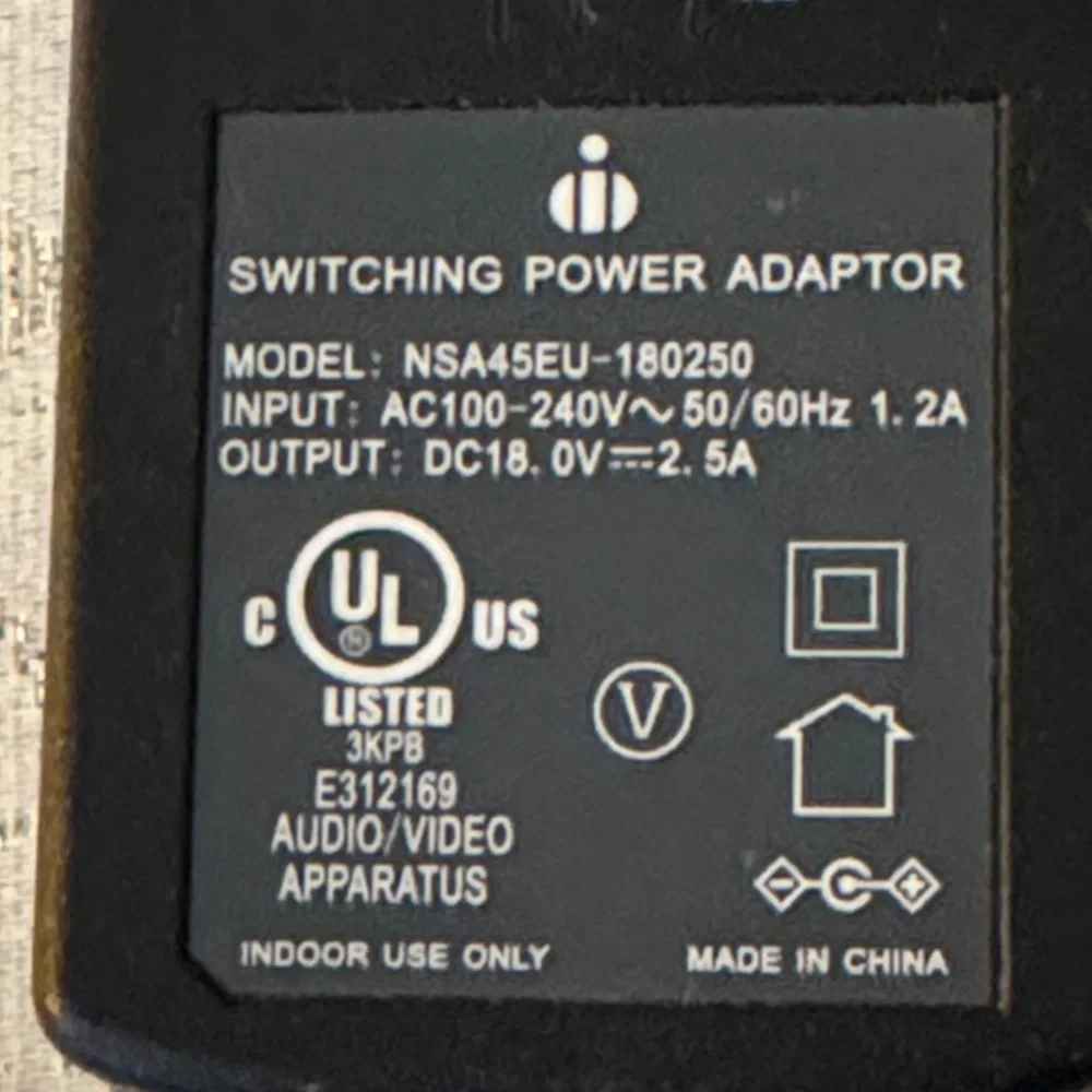 Compact Black Power Adapter with Cord Model NSA45EU-180250